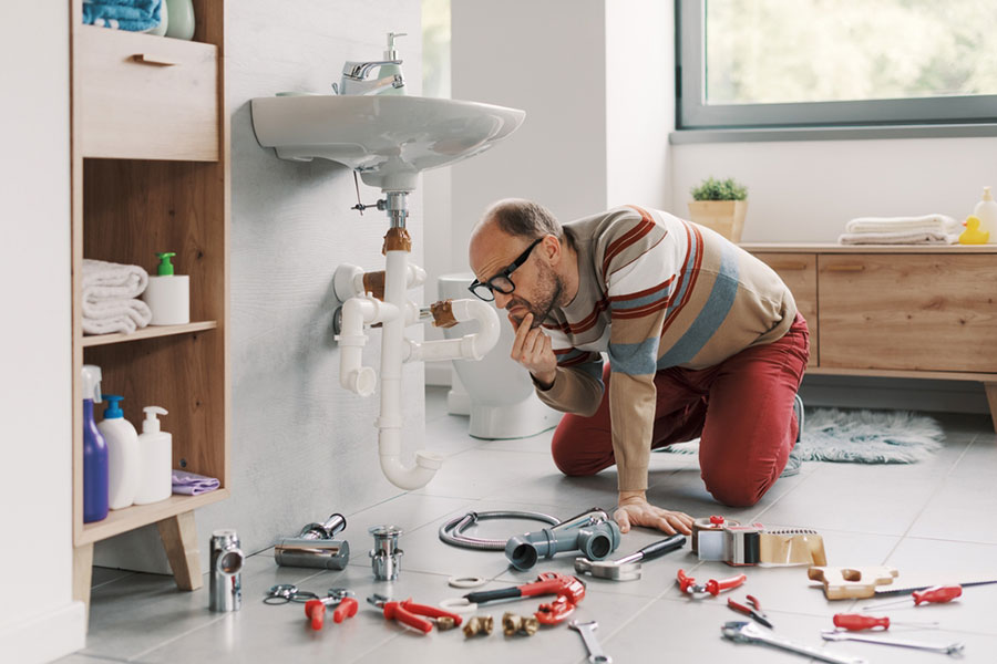 Un particulier qui essaie de réparer son lavabo